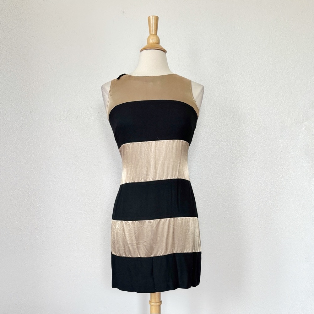 Vintage 90s Black & Brown Striped Satin Sleeveless Sheath Dress